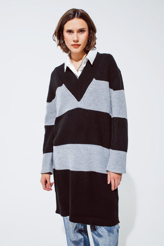 Vestido MIDI oversized com riscas e decote em V largo