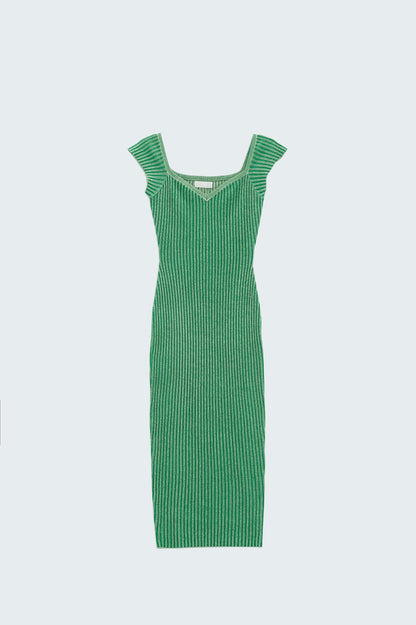 Vestido Midi verde com nervuras grossas e mangas curtas