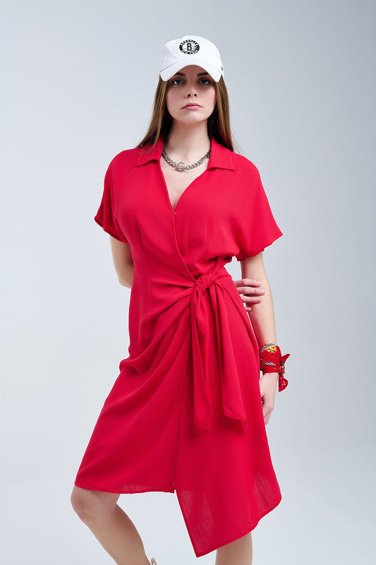 Q2 Vestido midi vermelho com laço na lateral