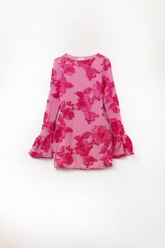 Q2 vestido mini de chiffon fúcsia com brocado floral