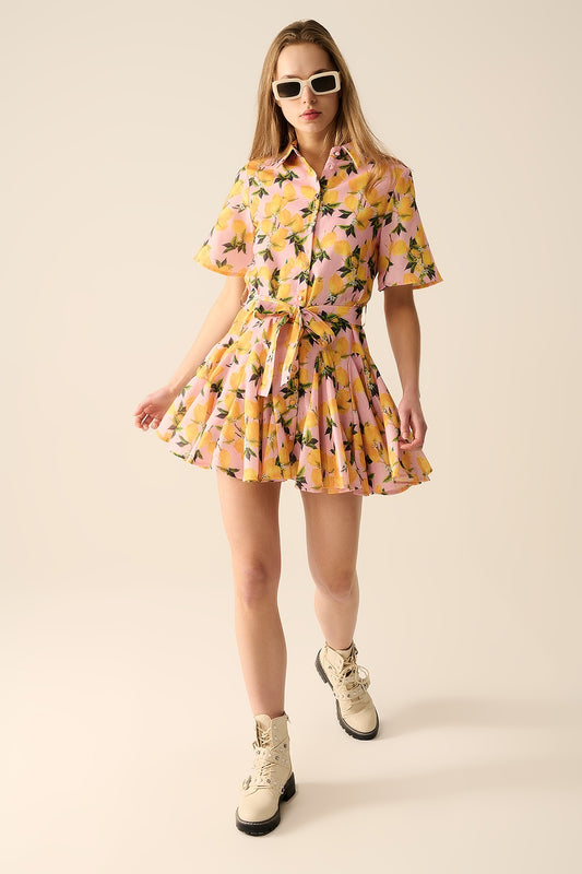 Q2 Vestido romântico com cintura e estampa de limão e mangas curtas em rosa