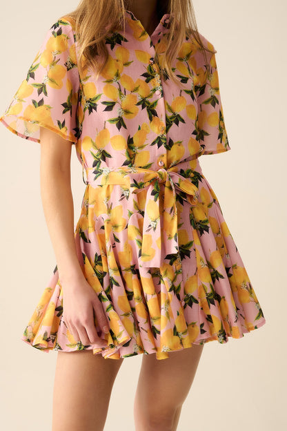 Vestido romântico com cintura e estampa de limão e mangas curtas em rosa