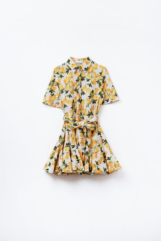 Q2 Vestido romântico com cintura e estampa de limão e mangas curtas