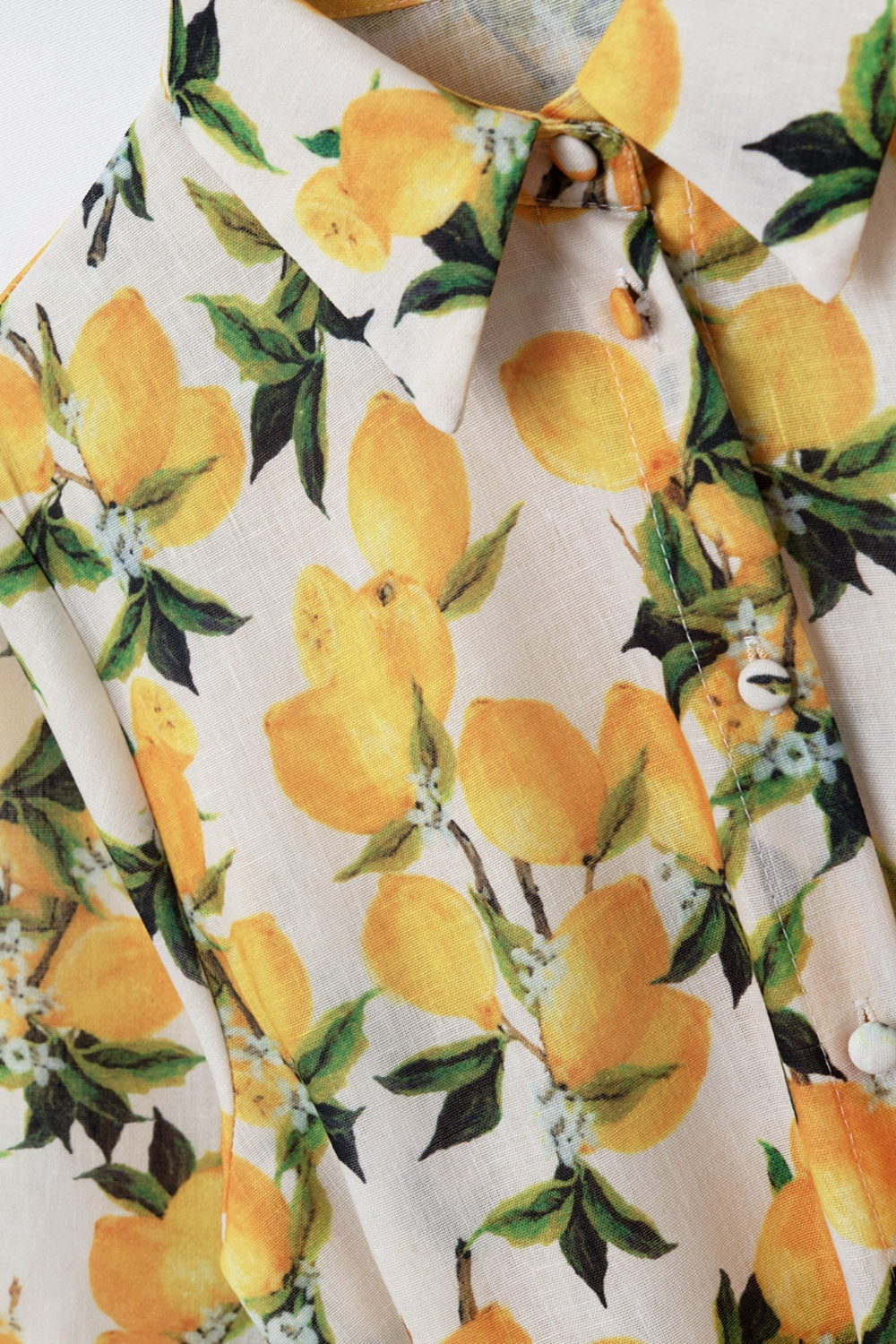 Vestido romântico com cintura e estampa de limão e mangas curtas