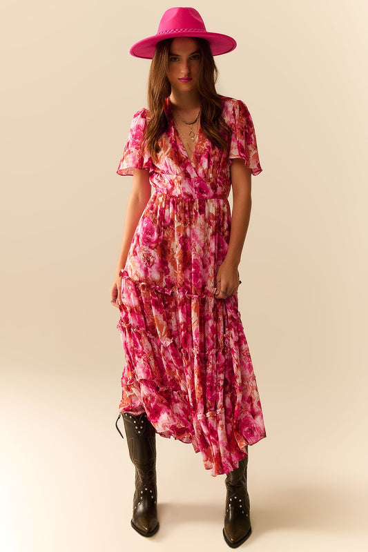 Q2 Vestido Romântico Maxi em Camadas com Estampa Floral de Chiffon em Rosa