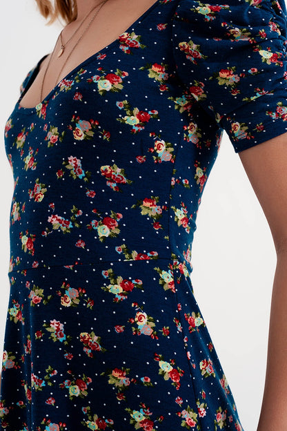 Vestido skater com mangas bufantes e estampa floral azul-marinho
