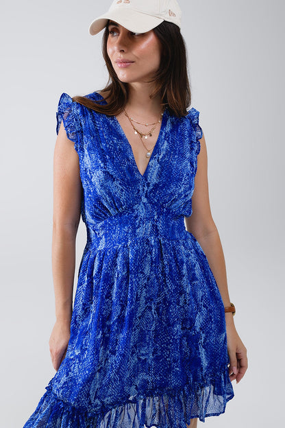 Vestido skater de cintura subida em estampado azul cobra com fio de lurex dourado