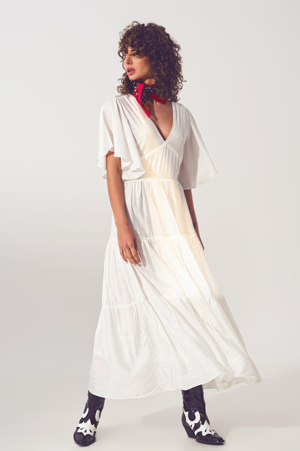 Q2 Vestido Smock V Pescoço Maxi em Branco