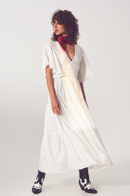 Q2 Vestido Smock V Pescoço Maxi em Branco