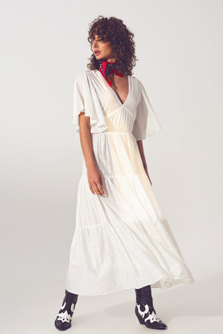Vestido Smock V Pescoço Maxi em Branco