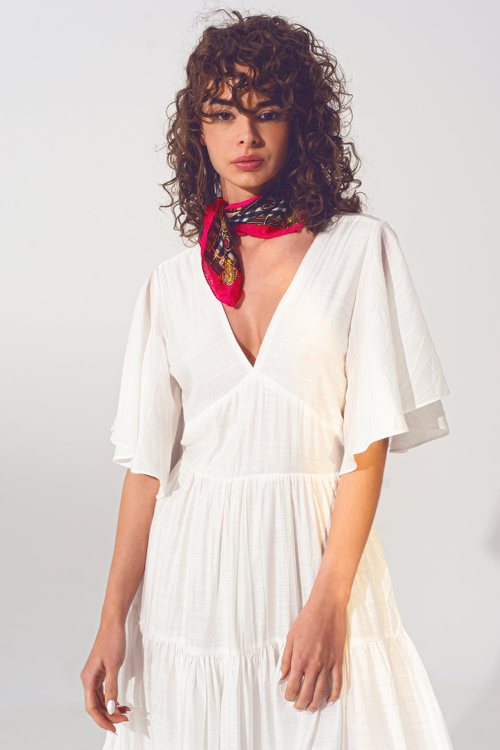 Vestido Smock V Pescoço Maxi em Branco