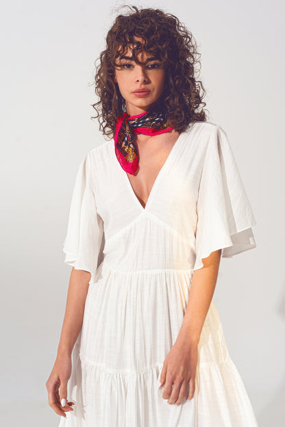 Vestido Smock V Pescoço Maxi em Branco