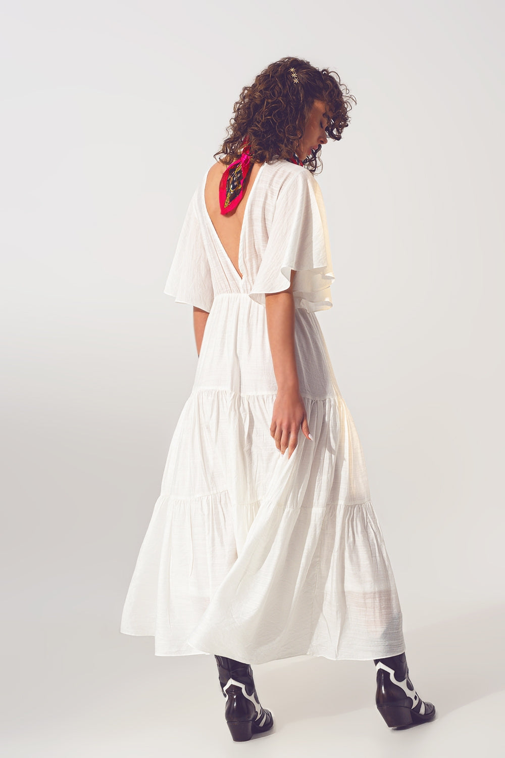 Vestido Smock V Pescoço Maxi em Branco