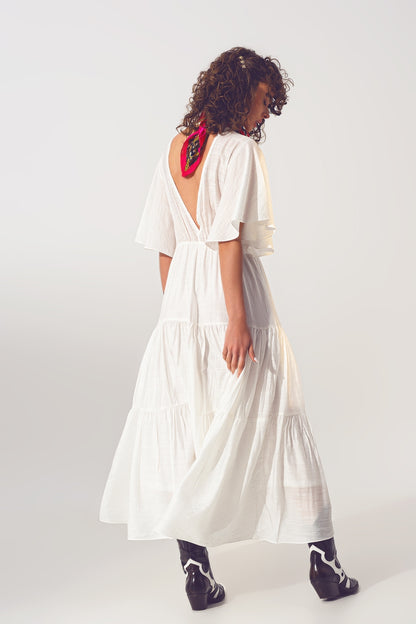 Vestido Smock V Pescoço Maxi em Branco