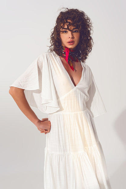 Vestido Smock V Pescoço Maxi em Branco