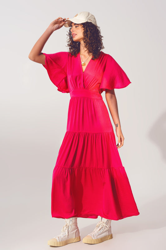 Q2 Vestido Smock V Pescoço Maxi em fucsia