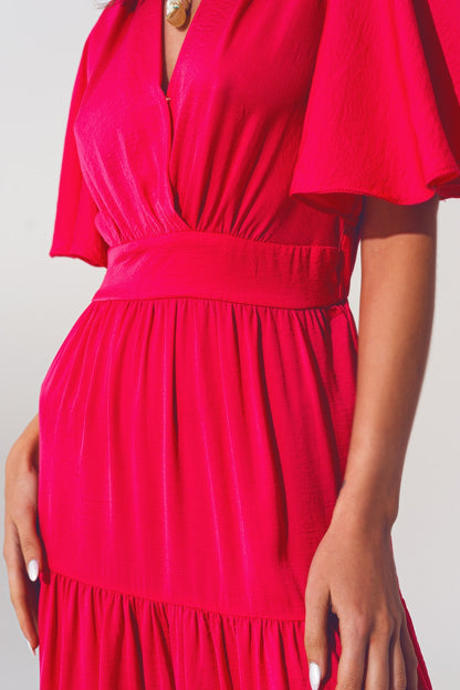 Vestido Smock V Pescoço Maxi em fucsia