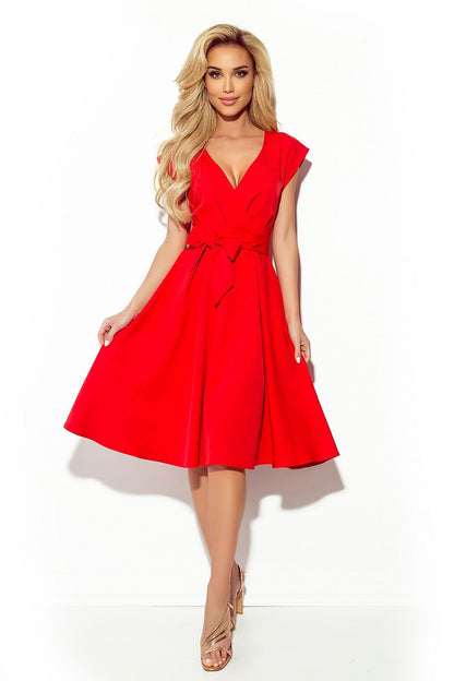 Vibrant formal dress for women in bright red with a waist tie and V-neck design
