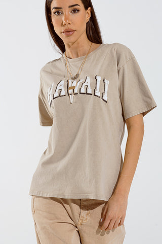Washed Effect Hawaii T-Shirt In Beige