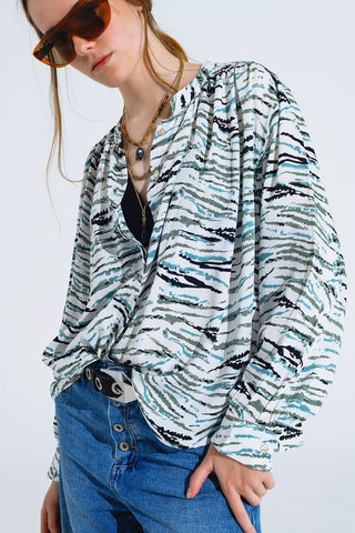 White Blouse With Green Animal Print And Long Sleeves