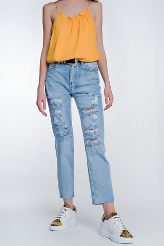jeans cropped de perna larga com bainha crua na cor azul