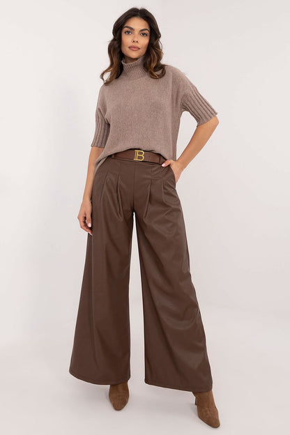 Italy Moda wide leg faux leather trousers in brown worn with a taupe knit top and brown ankle boots
