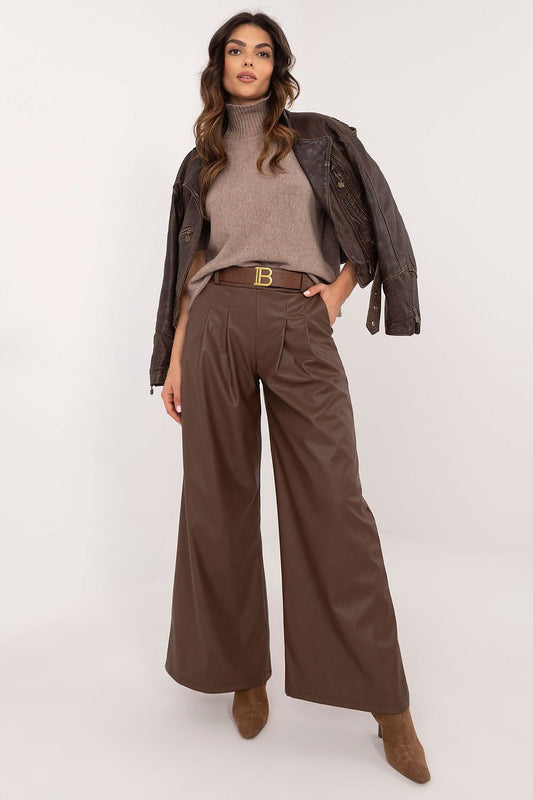 Italy Moda wide leg faux leather trousers in brown styled with a beige sweater and leather jacket