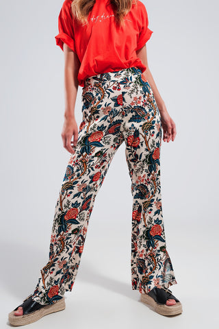 Calças largas em paisley floral bege