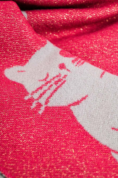 Cachecol largo de malha macia em rosa com estampa de gato