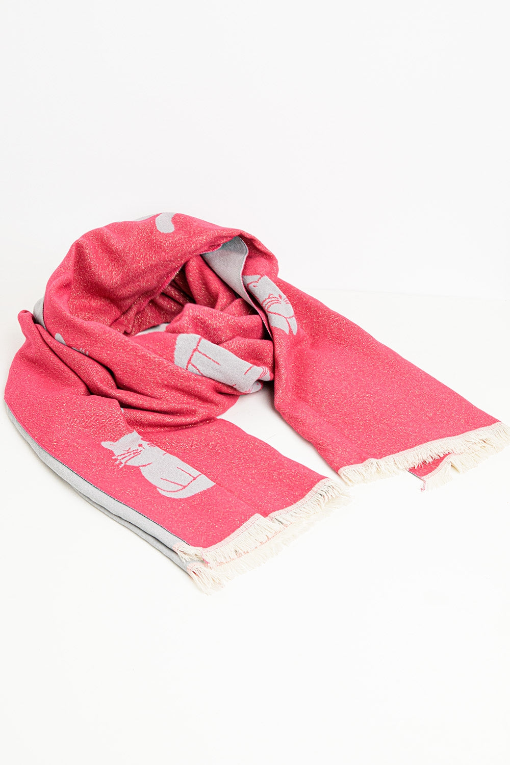 Cachecol largo de malha macia em rosa com estampa de gato