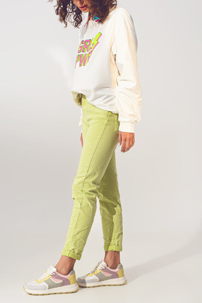 Jeans Skinny Amassado em Verde Limão