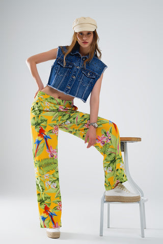 Calça Amarela com Estampa Tropical com Zíper Lateral