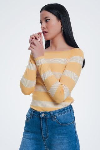 suéter listrado amarelo com gola canoa